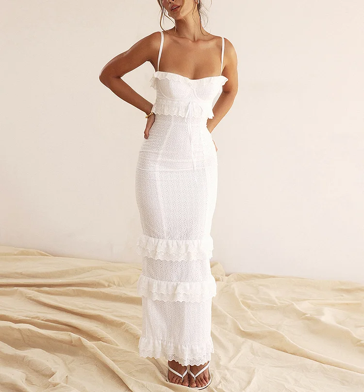White Chain Link Flower Suspender Dress Slim Dress