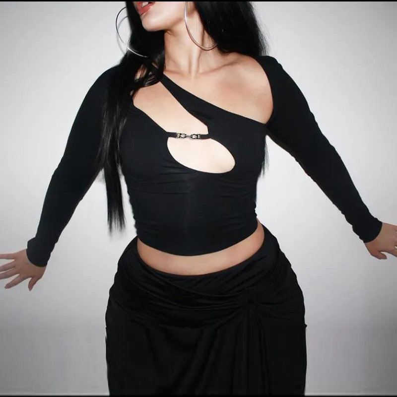 Hollow Out Crop Top Punk Tee Shirts For Women Asymmetrical Gothic Streetwear Spring Sexy