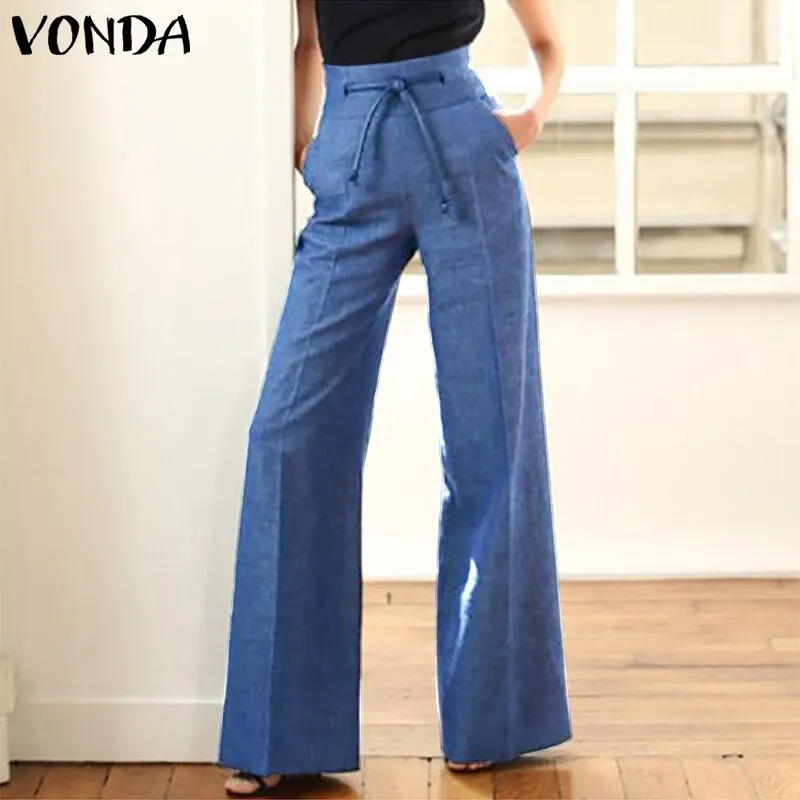Women High Waist Pants 2022 VONDA Ladies Spring Zipper Long Trousers Wide Leg Pants Palazzo Pantalon Femme Denim Trousers
