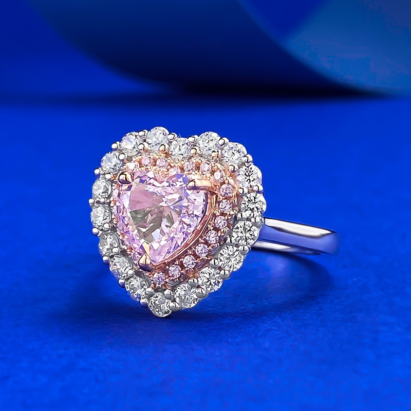 MIKAMU S925 Silver Heart-Shaped Pink Diamond Cluster Ring