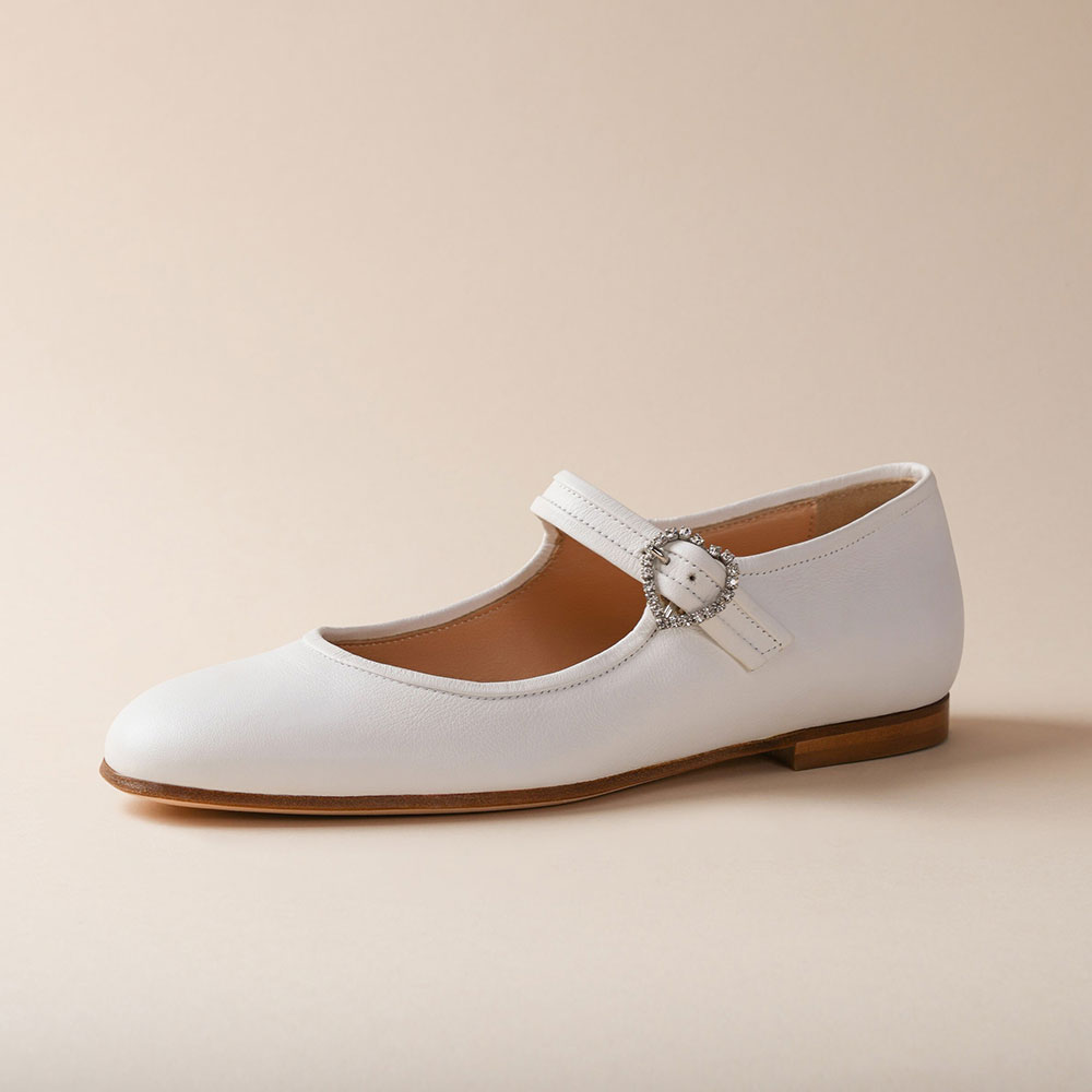White Vegan Leather Round Toe Mary Jane Flats with Rhinestone Buckle Nicepairs