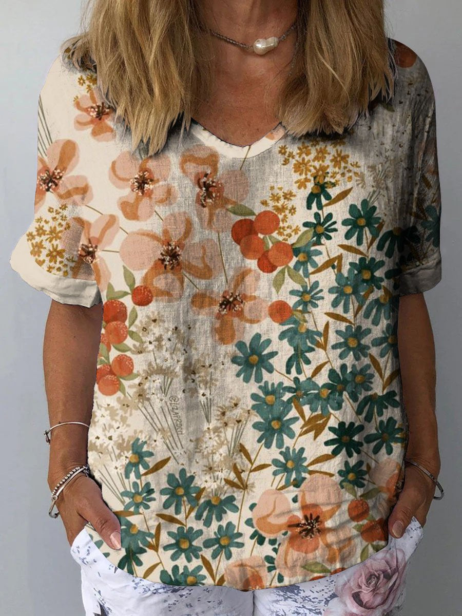 Women's Lovely Cute Flowers Art Print Casual Cotton And Linen Shirt