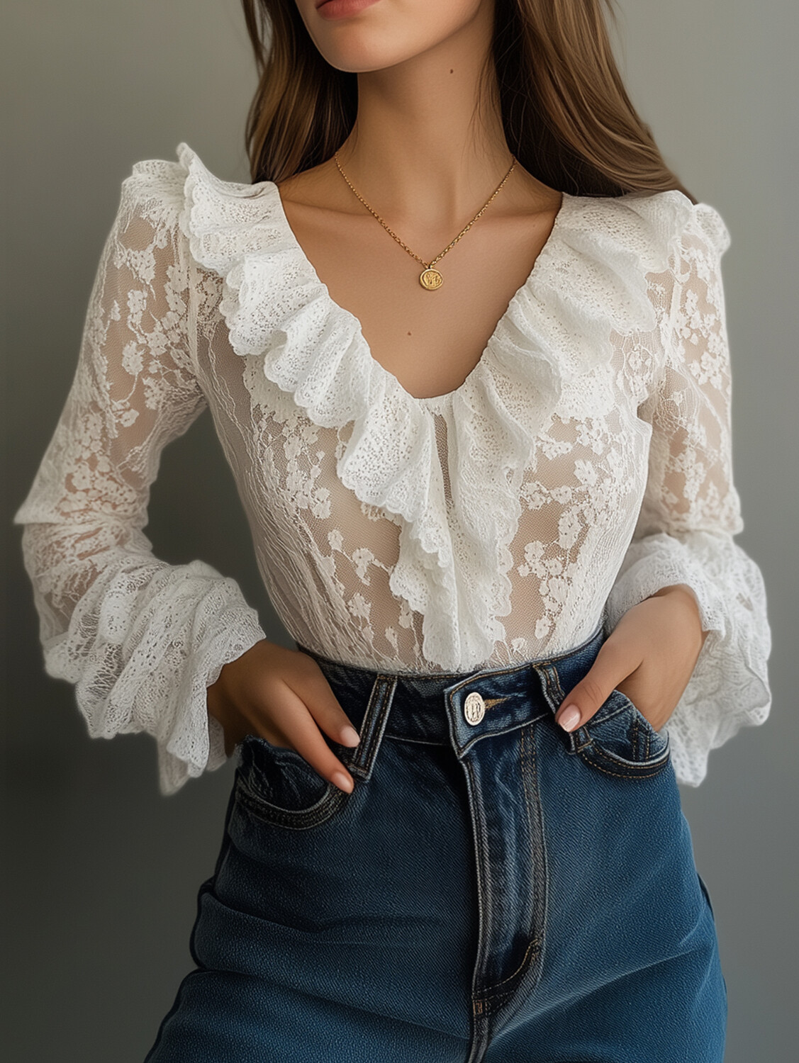 Ursime Lace Ruffle V Neck Long Sleeve Blouse