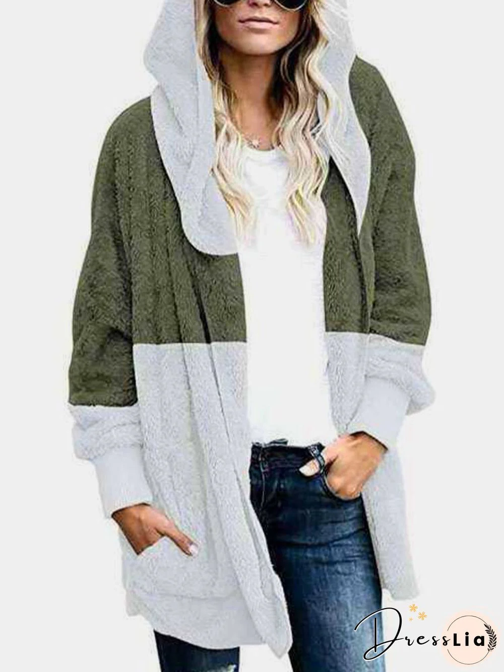 Color Block Long Sleeve Hooded Zipper Plush Coat