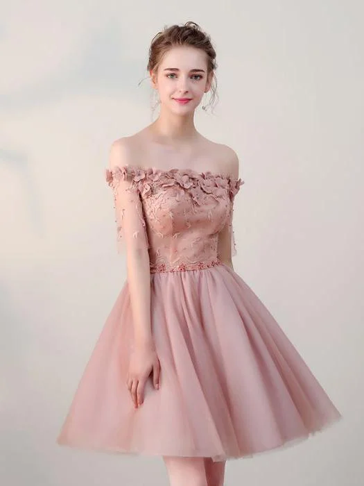 Chic Homecoming Dresses Short Pearl Pink Off-the-shoulder Tulle Cheap Prom Dress 
