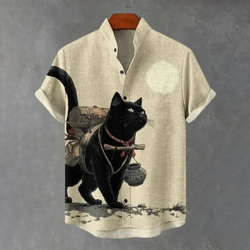Men's Japanese Cat Pattern Linen Blend Short-sleeved Shirt  artssus