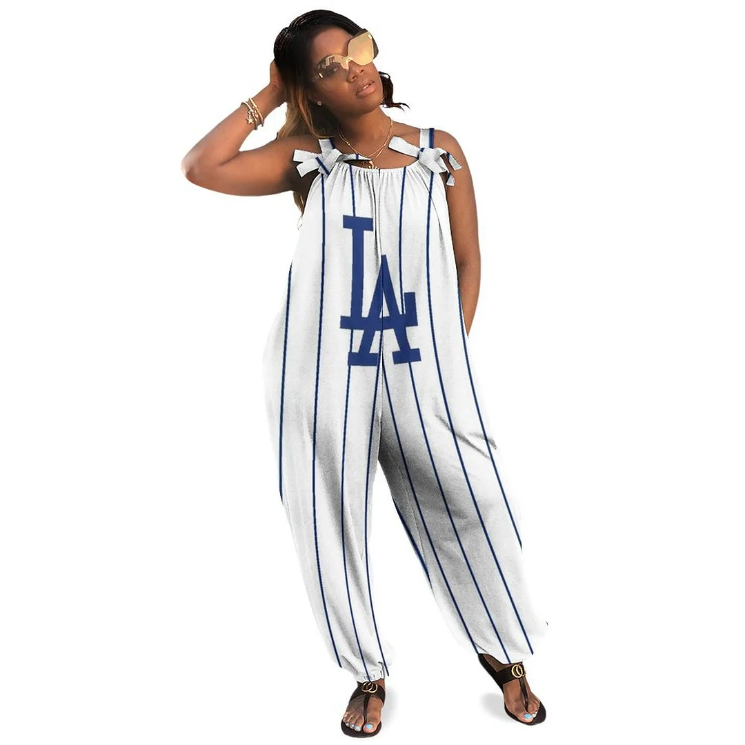 Women Plus Size Jumpsuits Loose Casual Print Retro Strappy Jumpsuit in Pattern,Blue,Striped