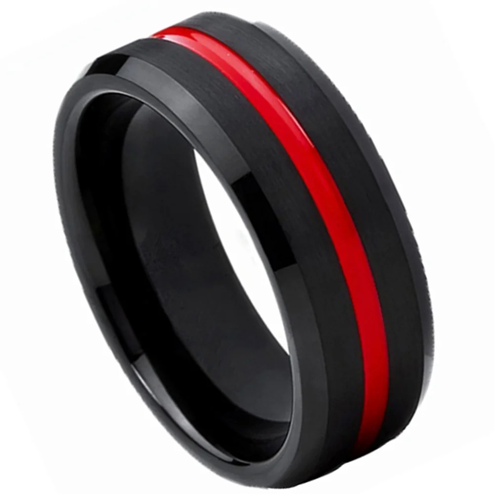 6MM 8MM Black Brushed Men Tungsten Carbide Rings Thin Red Grooved Wedding Bevel Edge Designed
