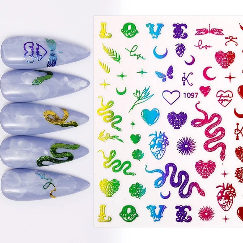1 Sheet 3D Nail Sticker Gold Colorful Snake Rose Pattern Transfer Decals Sliders For Nails DIY Nail Art Decoration Manicures