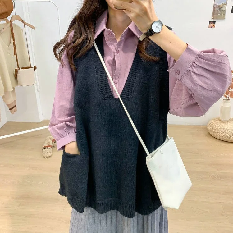 Plus Size 4XL Women Sweater Vest V-neck Solid Pockets Knitted Loose All Match Pullover Casual Elegant Trendy Japanese Style Chic