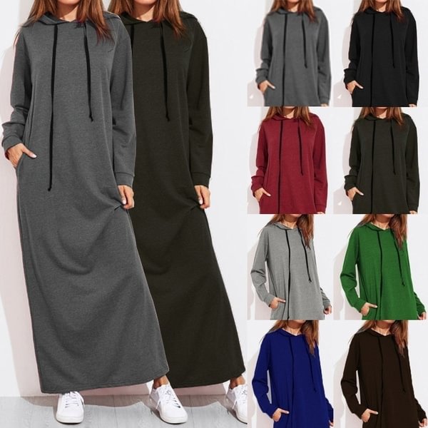 Womens Long Sleeve Hoodie Dress Maxi Pocket Casual Loose Pullover Sweatshirt Dress Long Vestidos Plus Size - Shop Trendy Women's Fashion | TeeYours