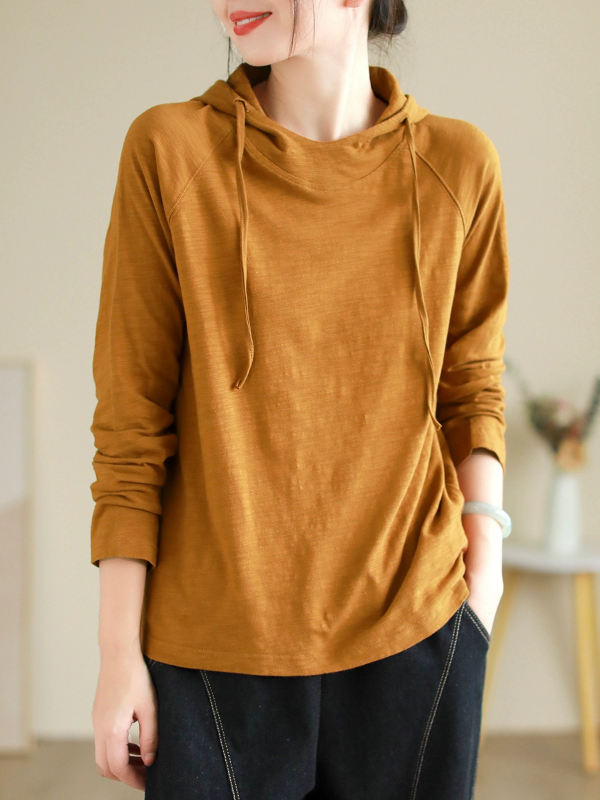 Casual Solid Color Long Sleeve Cotton Hooded T-Shirt