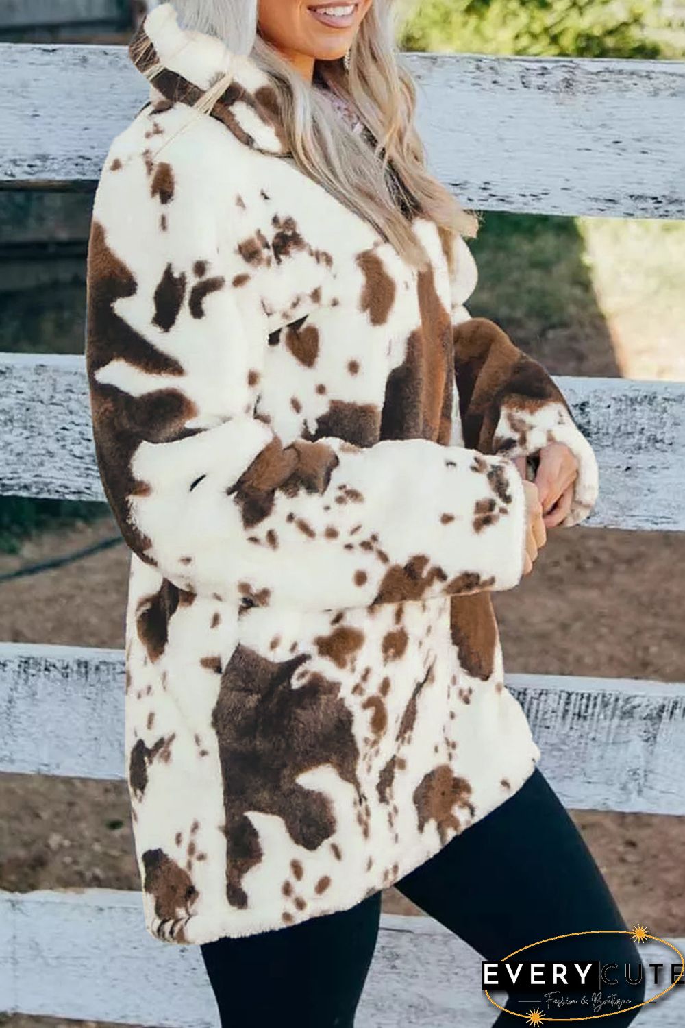 Zip Collar Cow Print Fleece Sweatshirt