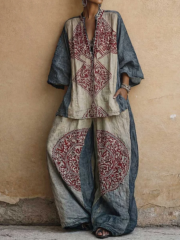 Women's Vintage-print V-neck 3/4-sleeve Loose-fit Cotton-linen Top & High-waisted Wide-leg Pants Set