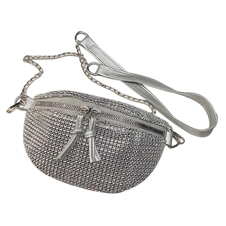 Rhinestone Waist Bag Women Chain Crossbody Fanny Chest Phone Packs (Silver)