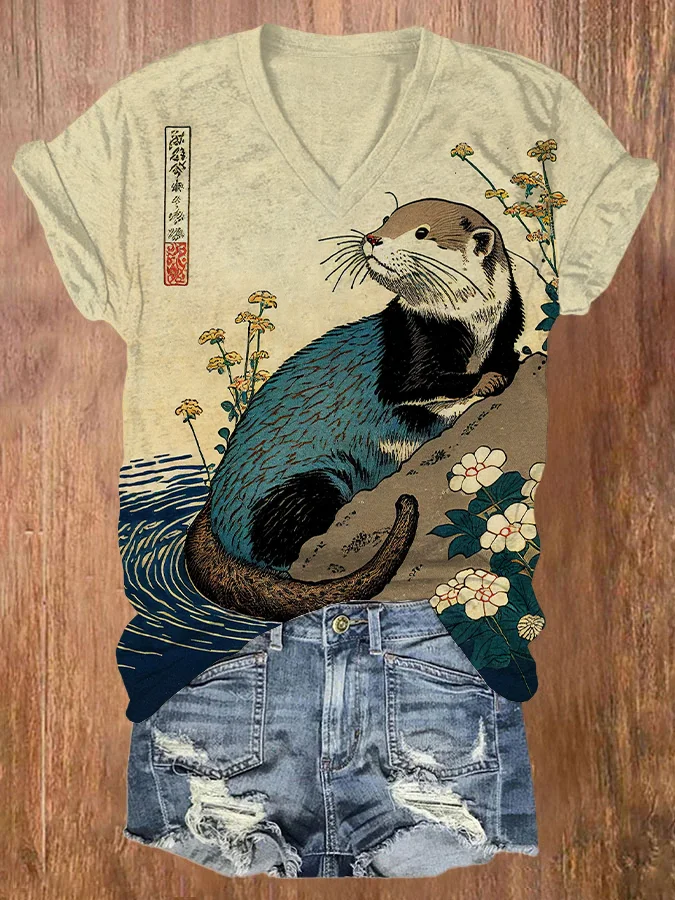 Women's Floral Otter Water Japanese Art Print T-Shirt