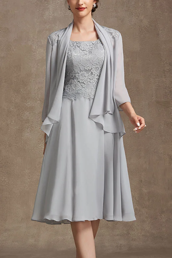 A-Line Square Neckline Knee-Length Chiffon Lace Mother of the Bride Dress
