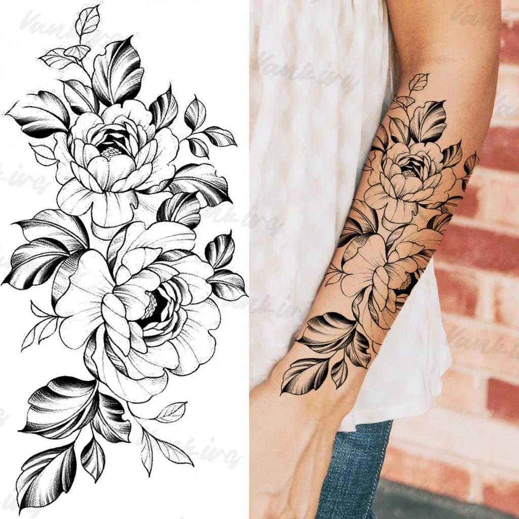 Sdrawing Peony Butterfly Temporary Butterfly Tattoos For Women Girls Realistic Snake Sun Fake Tattoo Sticker Leg Body Tatoos