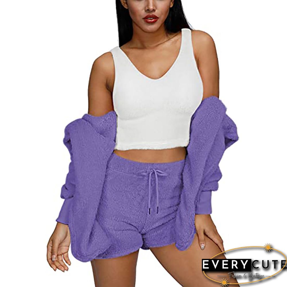 Purple Plush Hoodie with Shorts and White Vest 3pcs Set