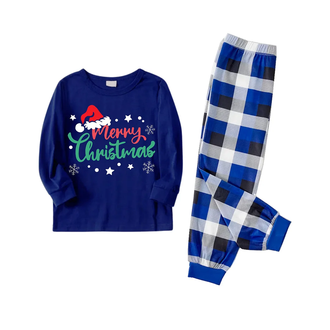 "Merry Christmas" in Snowflakes - Blue Long Sleeves with Blue&White&Black Plaid Pants Family Matching Pajamas
