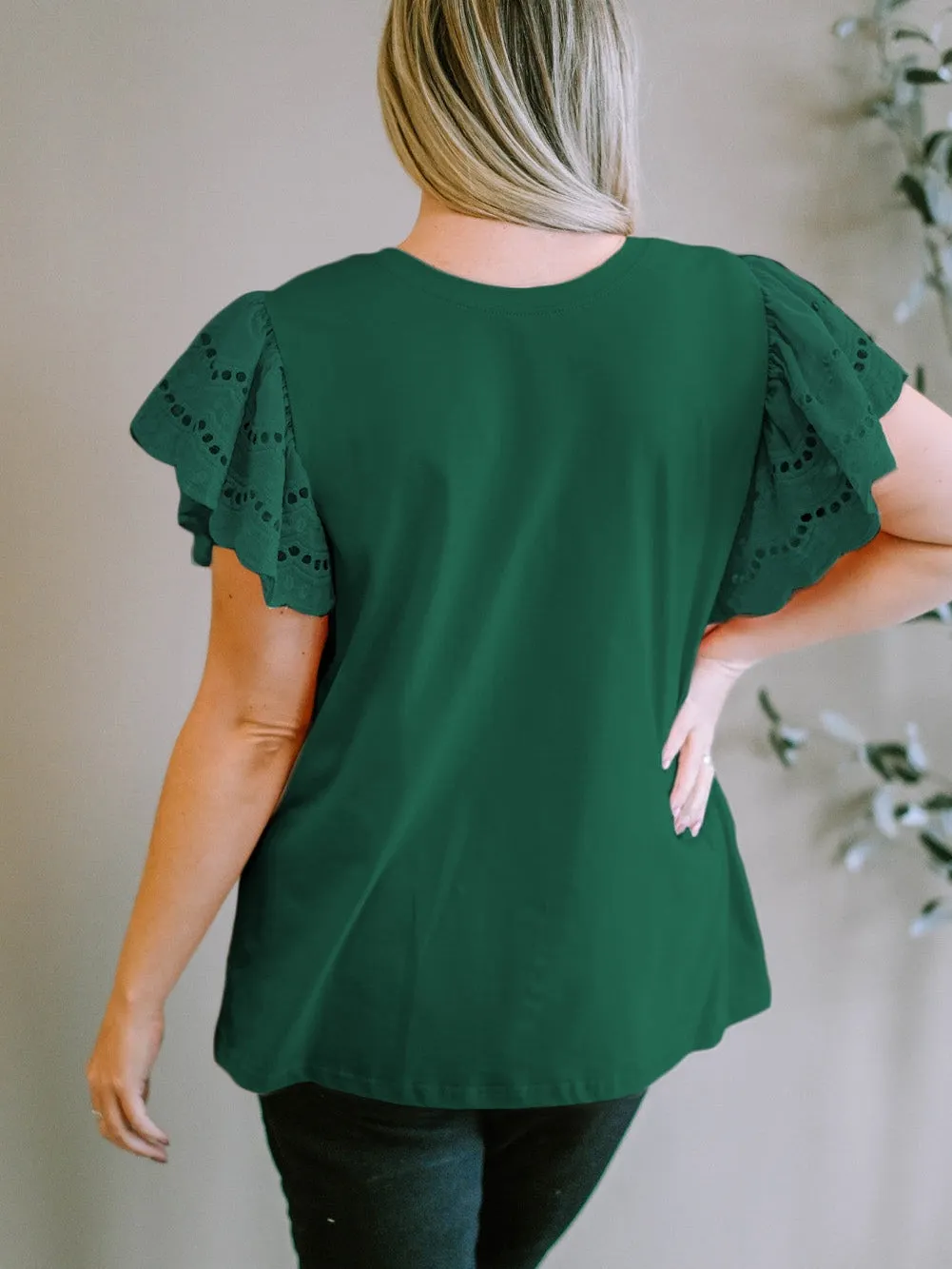 Green Eyelet Flutter Sleeve Plus Size Top