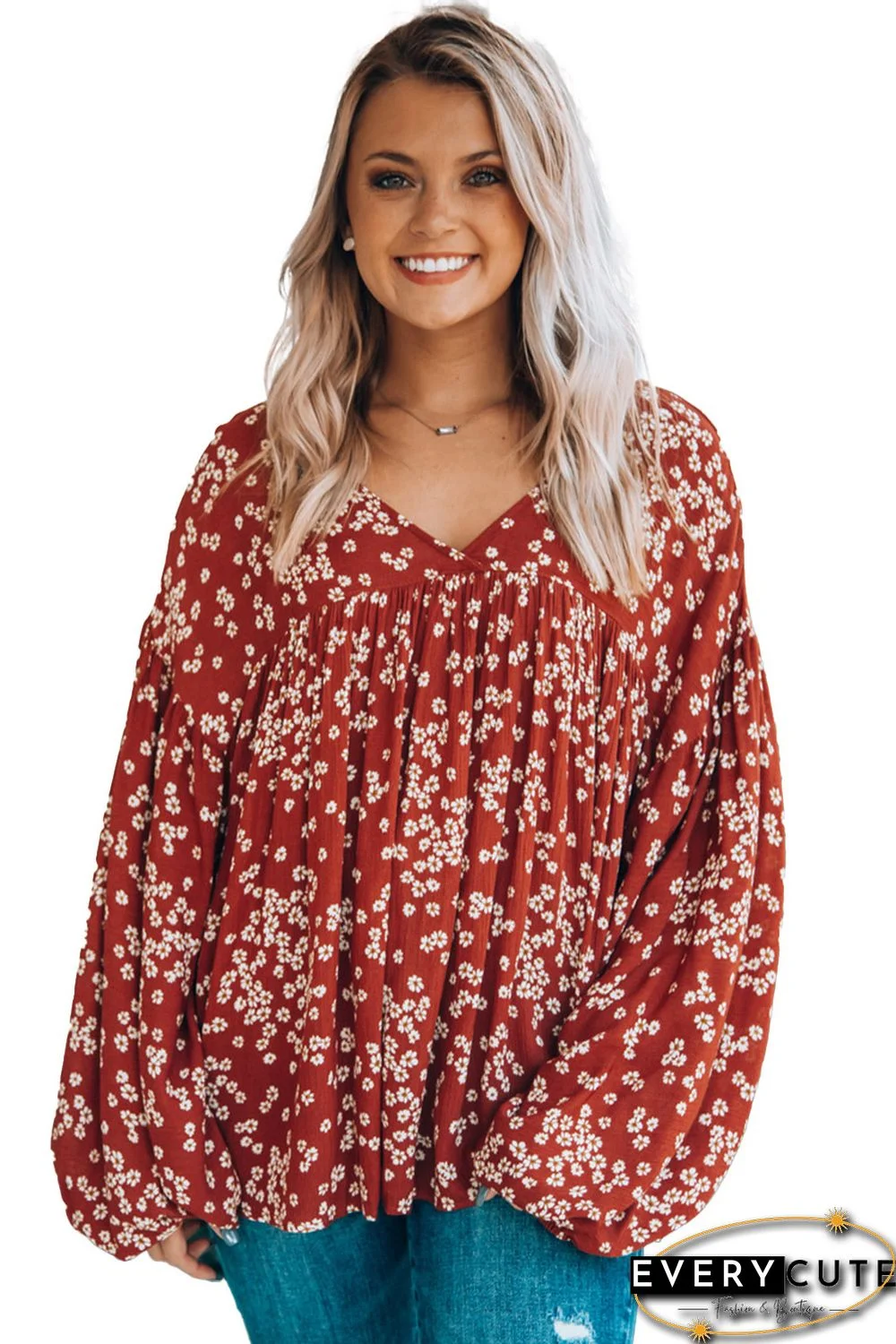 Floral Pattern Bubble Sleeve Loose Blouse