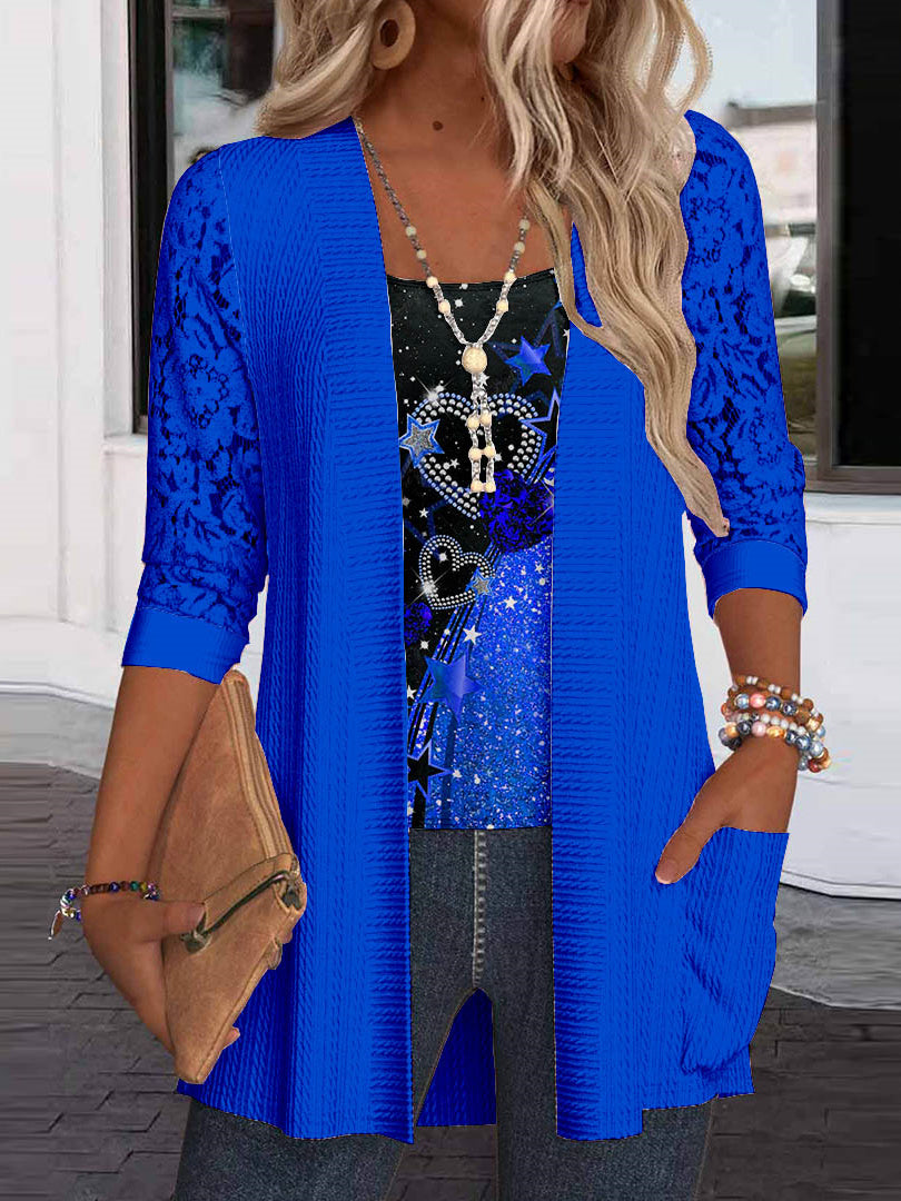 Women Long Sleeve Scoop Neck Love Printed Printed Graphic Pockets Lace Two-Pieced Tops