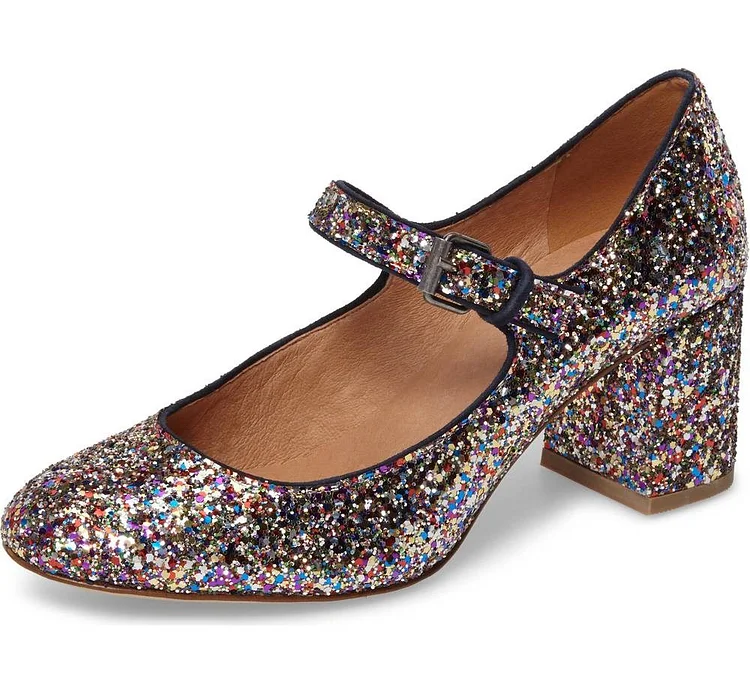 Colors Glitter Block Heels Round Toe Mary Jane Pumps |FSJ Shoes