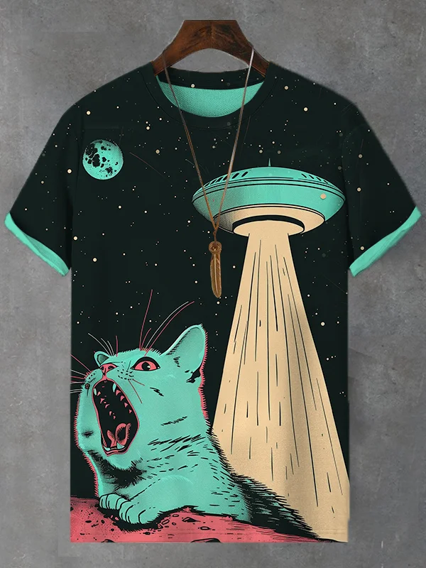 Men's Cat Sucked Away By UFO Future Art Print T-Shirt