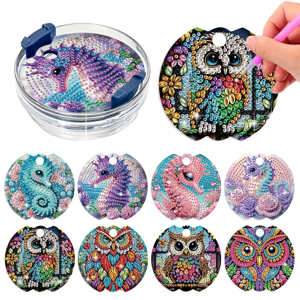 8pcs Seahorse Owl DIY Diamond Art Cup Lid Accessories Bling Tumbler Lid Plate