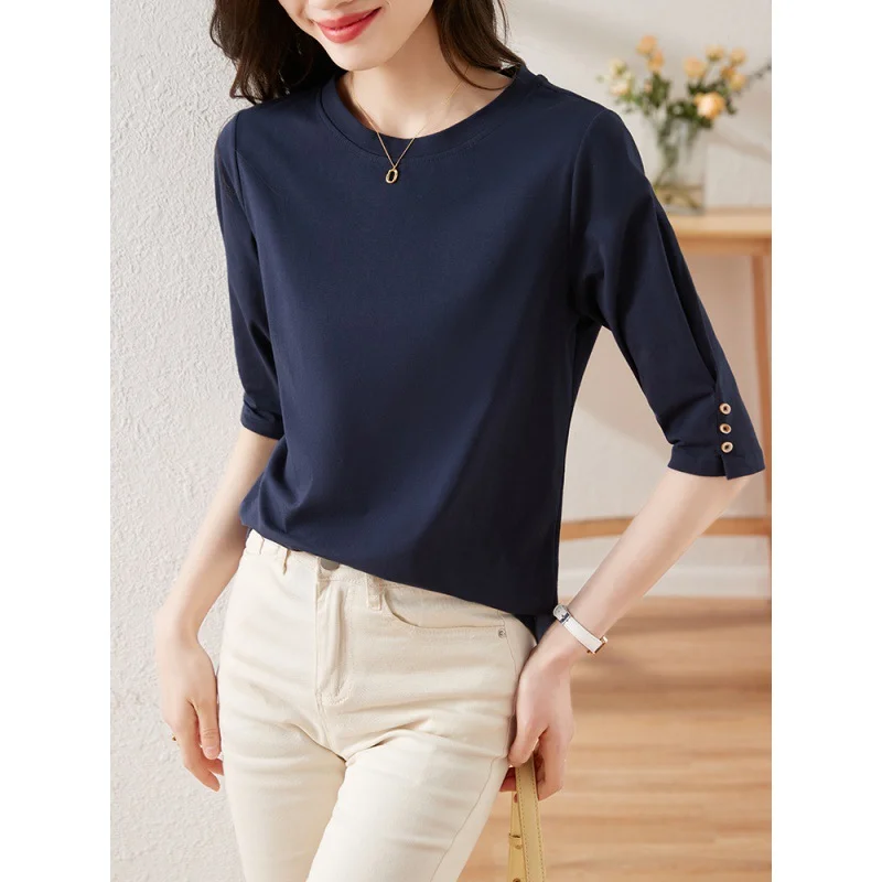 Woherb Woherb Design Five Sleeve T Shirt Summer 2023 New Fashion Button Design Five Sleeve T Shirt Women-Outfit Ideas