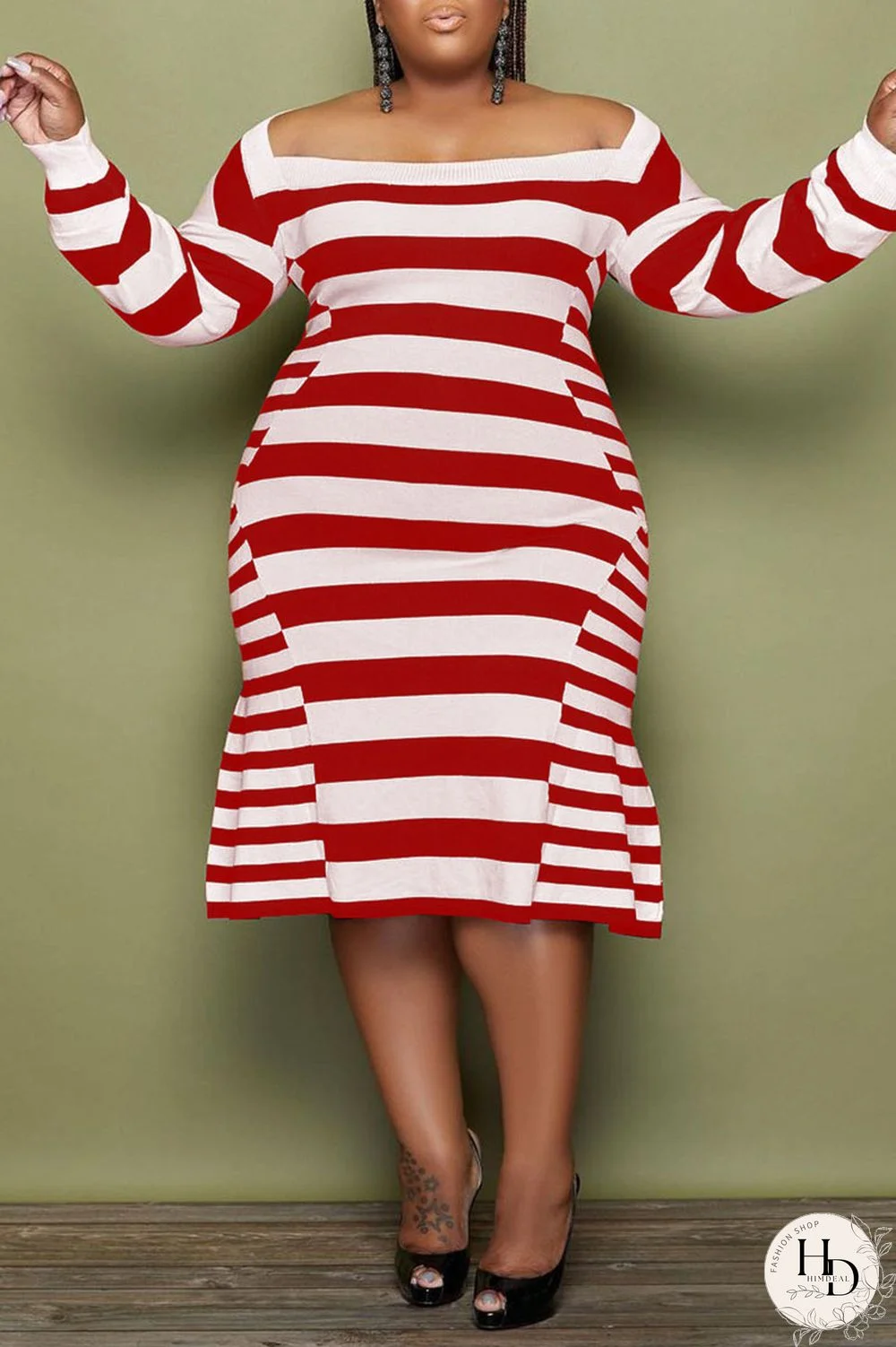 Blue Casual Elegant Striped Print Split Joint Off the Shoulder A Line Plus Size Dresses