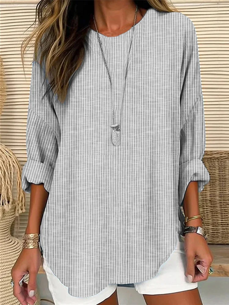 Vintage Striped Crew Neck Linen Blend Tunic