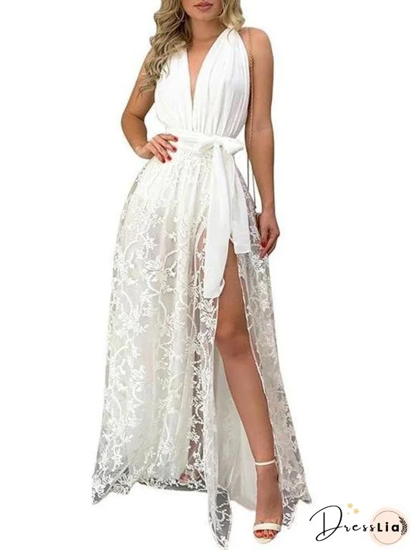 V-neck Solid Color Split Lace Dress for Women