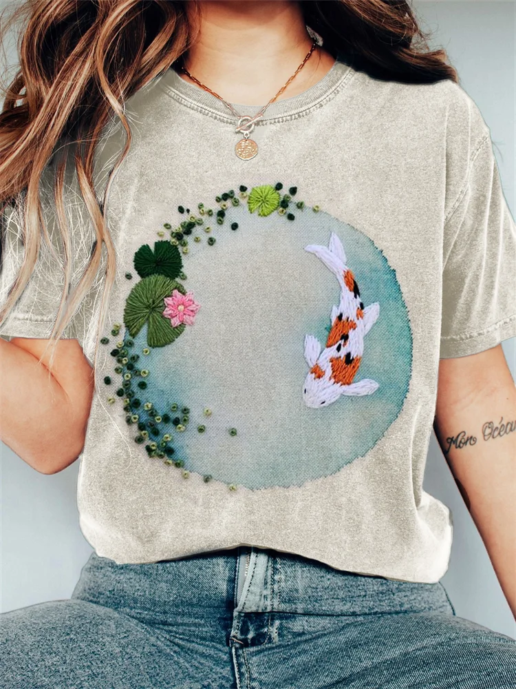Carp in Lotus Pond Embroidered Vintage T Shirt