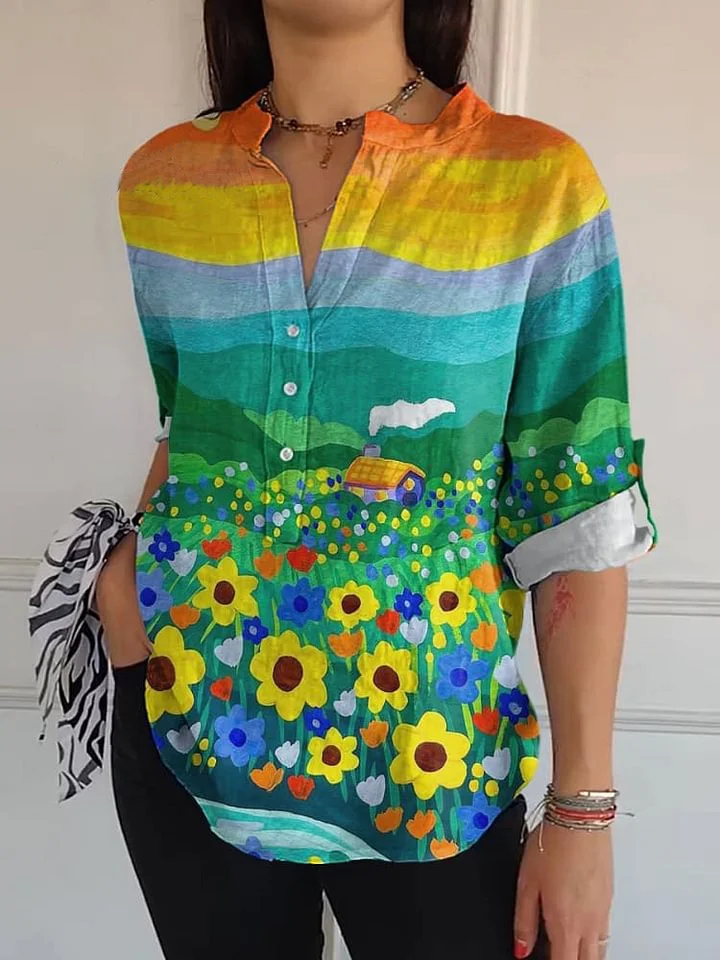 Women's Bright Floral Rainbow Art Print Casual Long Sleeve Comfortable Cotton Shirt