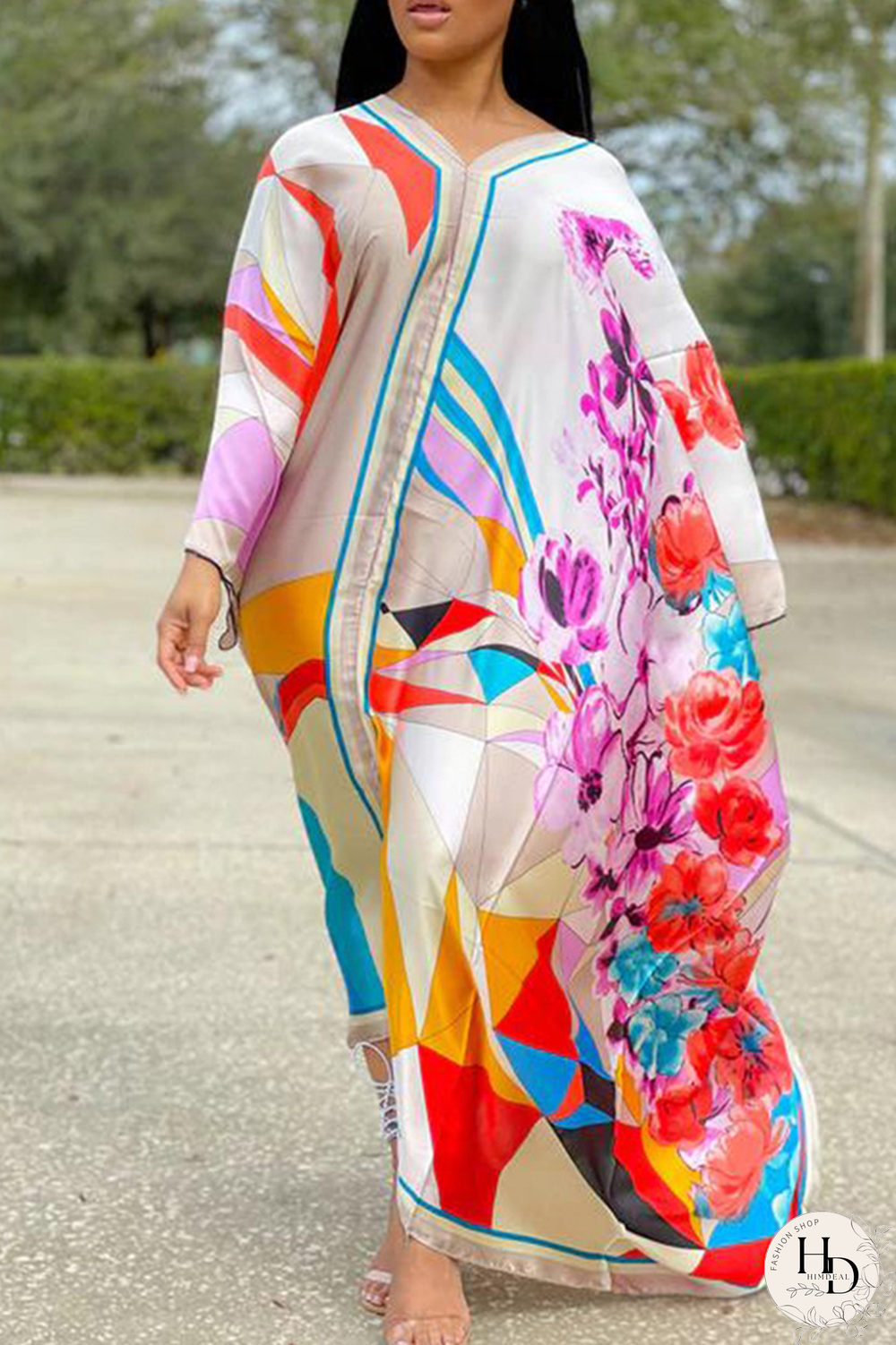 White Casual Print Patchwork V Neck Straight Dresses