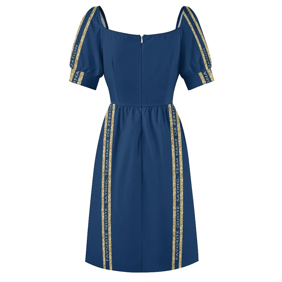 Blue And Gold Glitter Athletic Stripe Dress Women Boho High Waist Flared Puff Sleeve Cute Sweetheart Midi Dress Blue-XL
