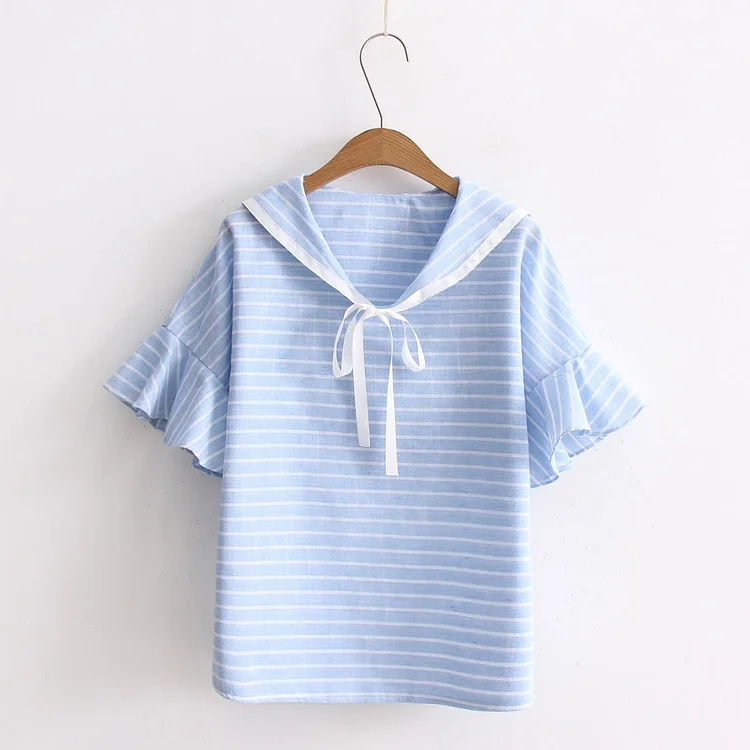 Blue/Pink Fresh Striped Sailor Ruffle T-Shirt SP1710335