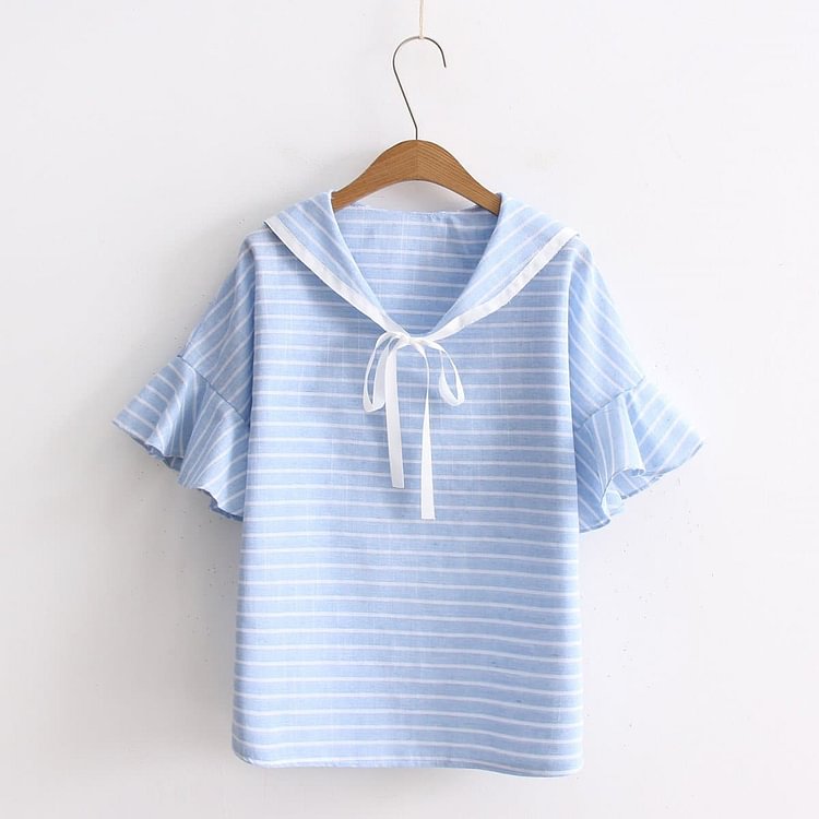 Blue/Pink Fresh Striped Sailor Ruffle T-Shirt SP1710335