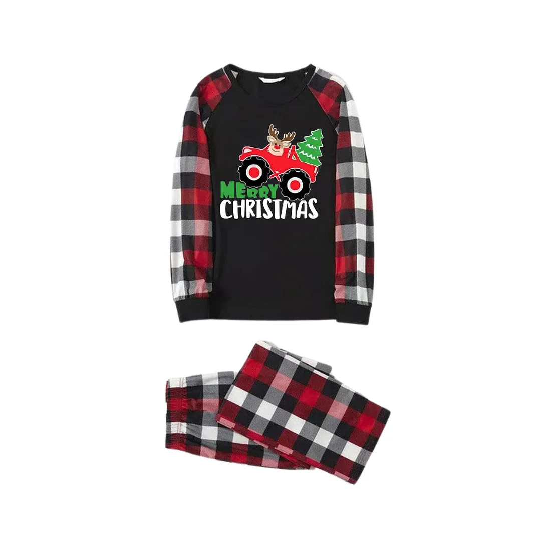 Driving Elk Cartoon Pattern Red&Black&White Plaid  Matching Pajamas