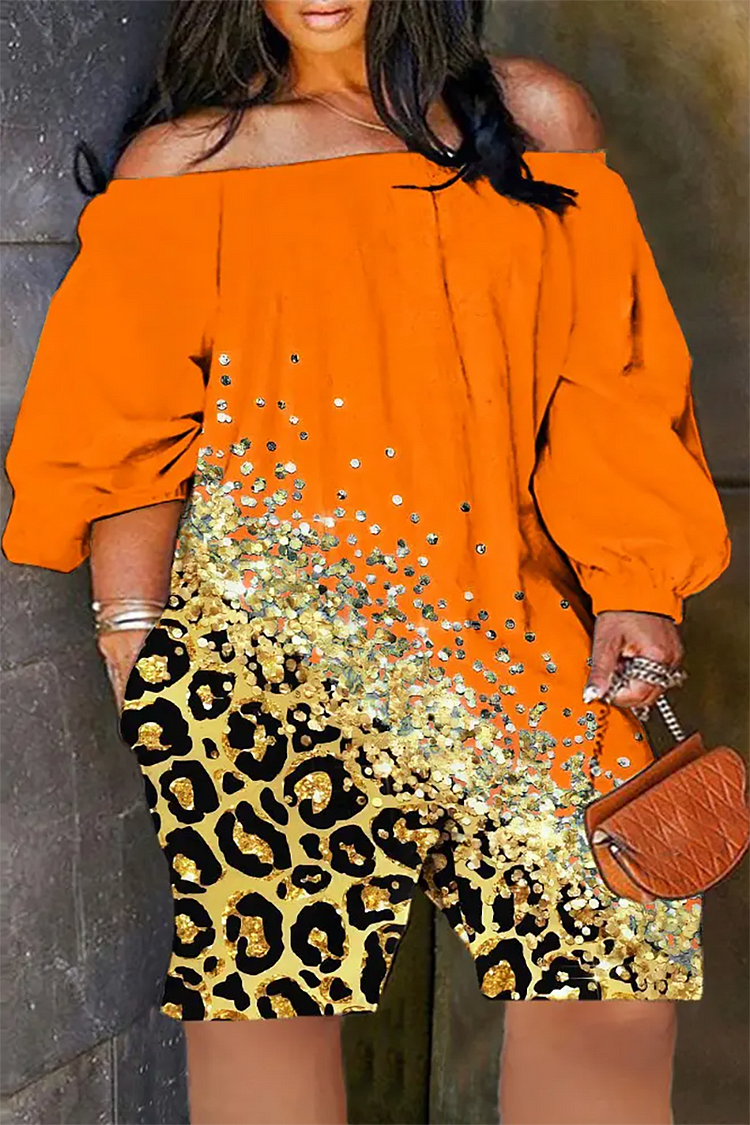 Plus Size Orange Casual Leopard Print Off Shoulder Rompers 