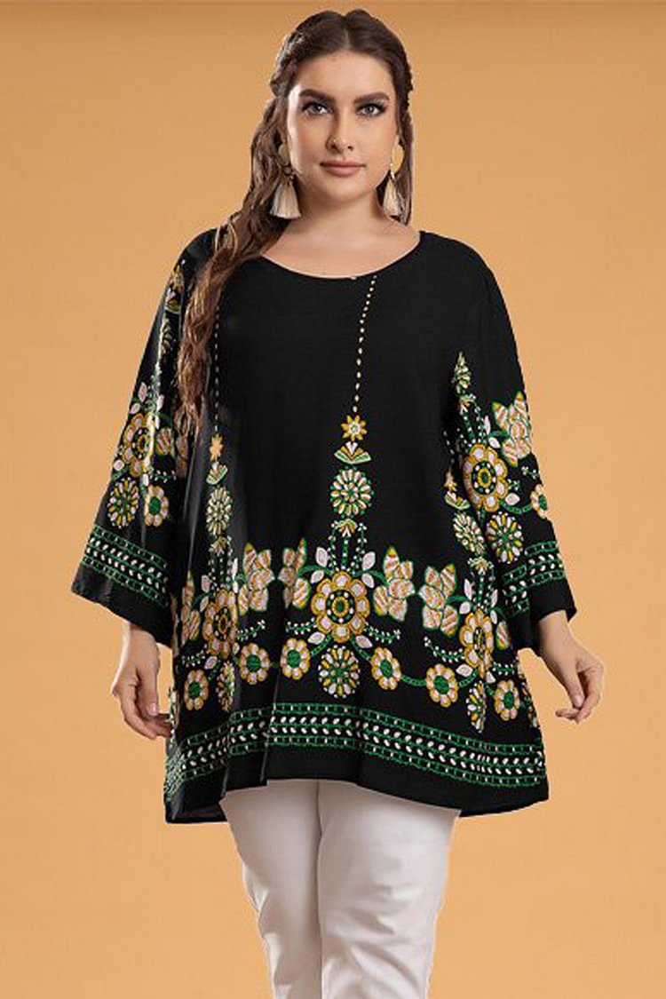 Plus Size Casual Black Floral Tribal Print Round Neck Long Sleeve T Shirt  Flycurvy [product_label]