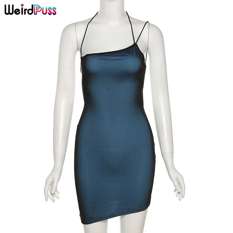 Weird Puss Cyber Y2K Summer Dress Women Sleeveless Elastic Bodycon Sexy Mesh Backless Tie Up Fashion Asymmetry Party Trend Style