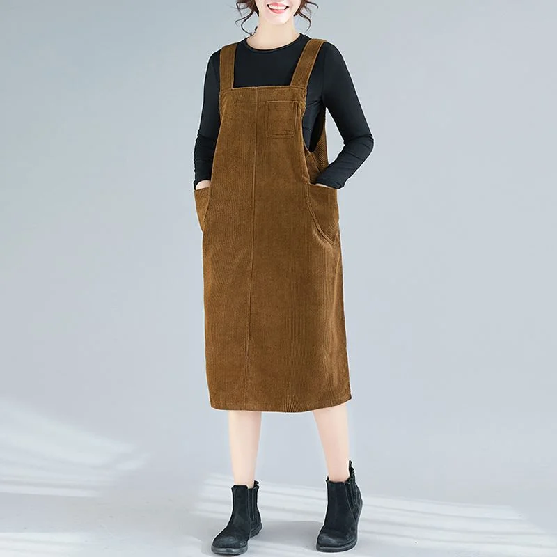 Women Corduroy Overalls Dress ZANZEA Vintage Straps Suspenders Sundress Autumn New Solid Sleeveless Pockets Midi Vestidos