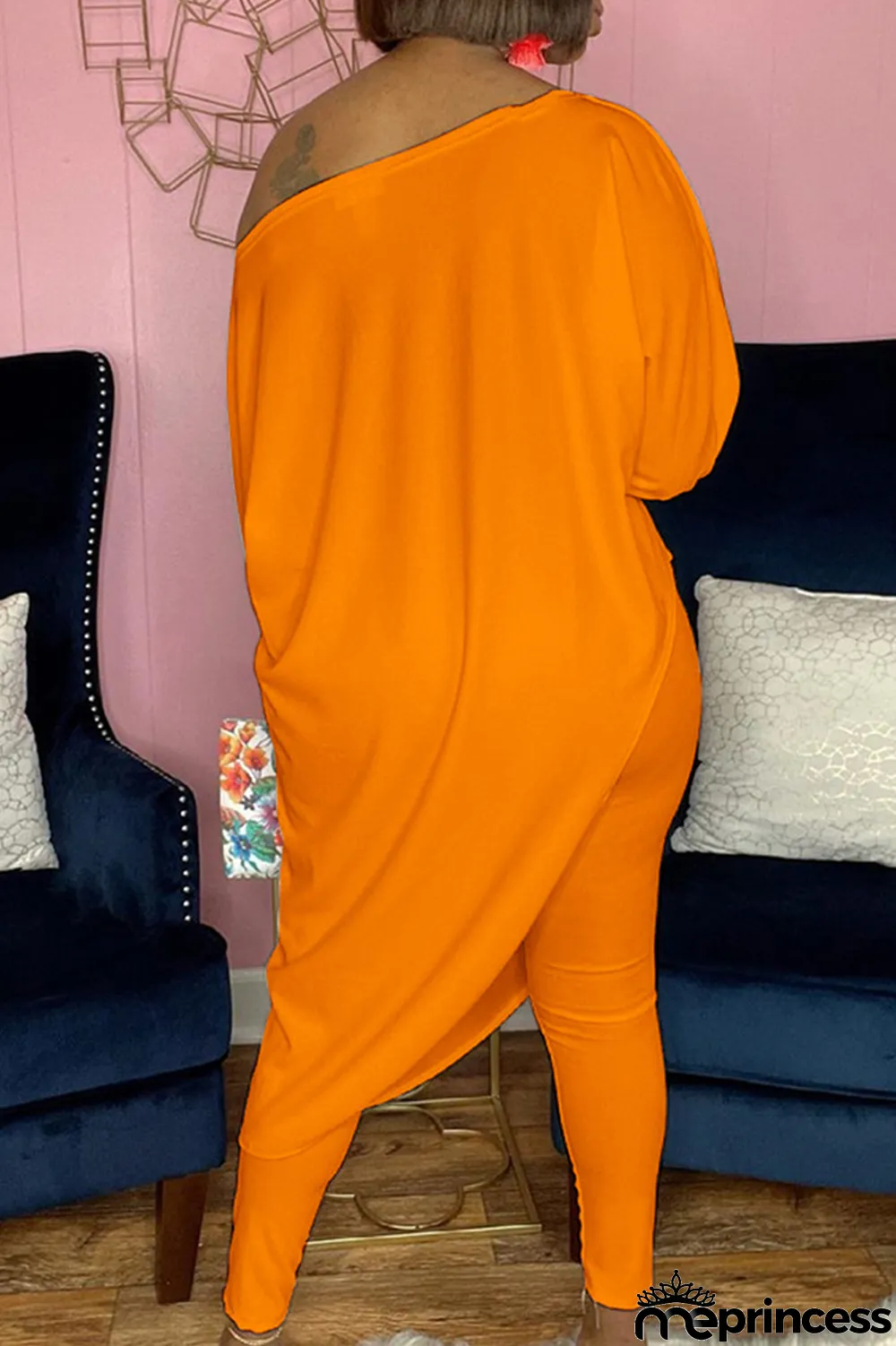 White Casual Print Split Joint One Shoulder Three Quarter Two Pieces