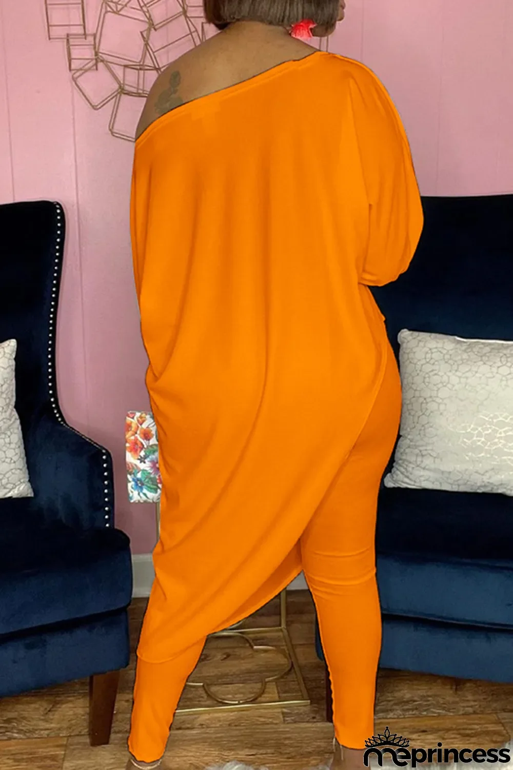 White Casual Print Split Joint One Shoulder Three Quarter Two Pieces