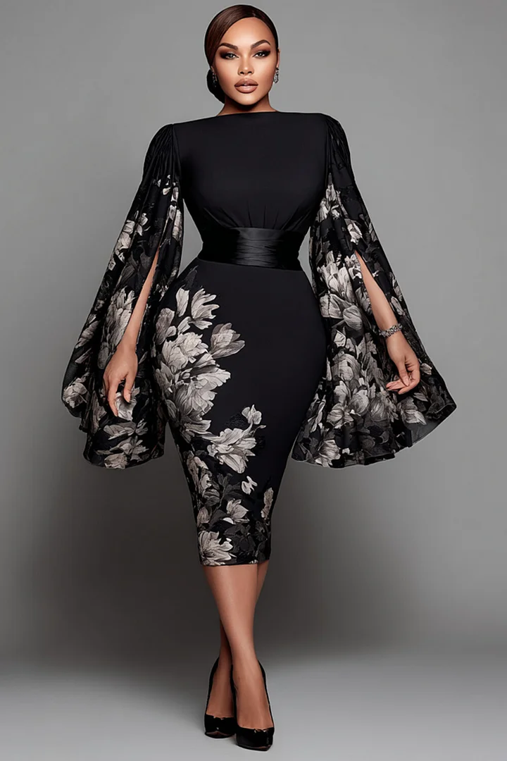 Xpluswear Design Plus Size Cocktail Party Black Floral Boat Neck Flare Long Sleeve Split Bodycon Midi Dresses 2024 - Xpluswear
