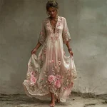 Classy Pink Roses Embroidered Flowy Linen Maxi Dress - Image 2