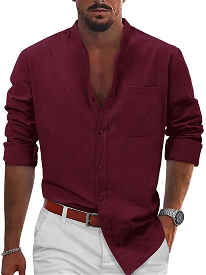Mens Casual Tie Button Long Sleeve Cotton Linen Shirt Beach Shirt Casual Shirt Tops-Cosfine